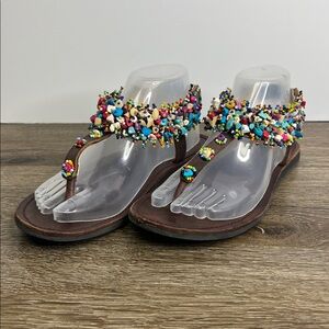 Hand-Beaded Boho Leather Sandals – Size 38 (US 7–7.5)